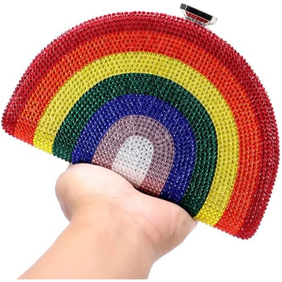 Women Rainbow Crystal Rhinestone Evening Bag Clutch Shoulder Handbag for Prom We - Picture 4 of 6